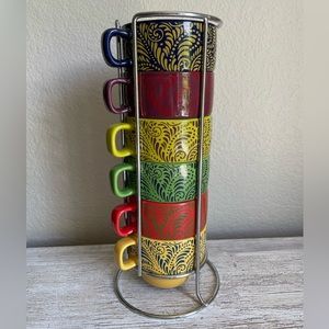 World Market set of 6 stackable mugs with stand. Discontinued pattern. Used.